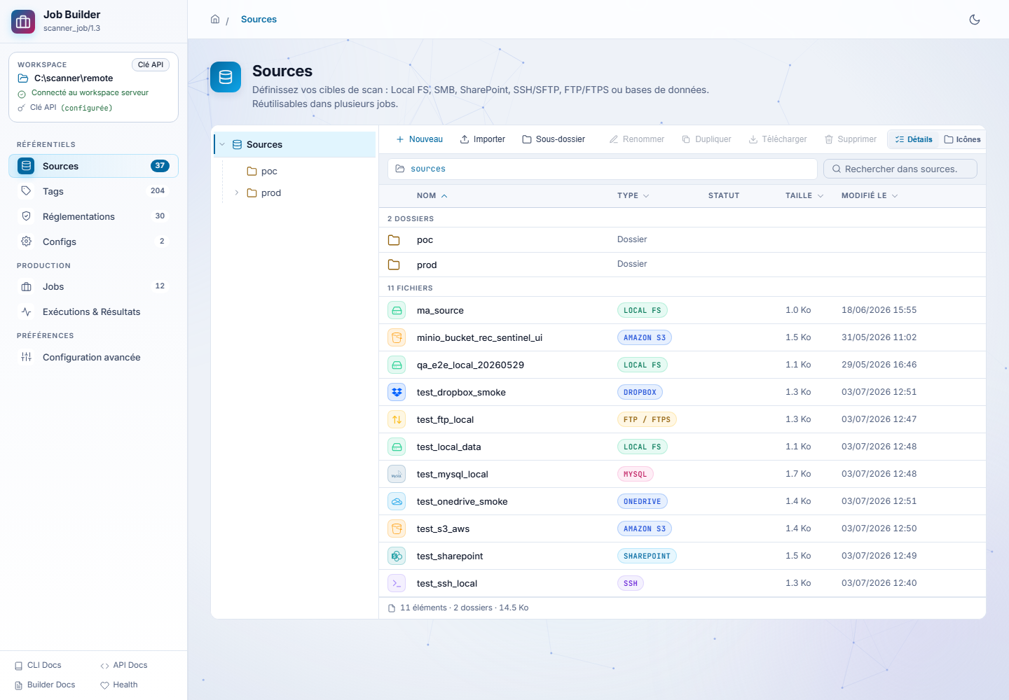 Job Builder : liste des sources de données configurées